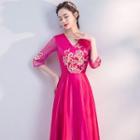 3/4-sleeve V-neck Embroidered A-line Evening Gown