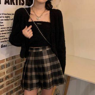 Long-sleeve Plain Knit Cardigan + Knit Camisole / Plaid Pleated Mini Skirt