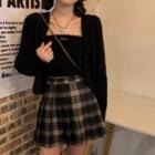 Long-sleeve Plain Knit Cardigan + Knit Camisole / Plaid Pleated Mini Skirt