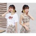 Set: Plaid Bikini Top + Swim Skort + Lettering Cover-up Top