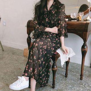 3/4-sleeve Floral Print Chiffon A-line Midi Dress