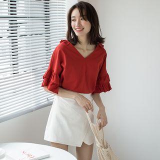 Plain Frill Trim V-neck Elbow Sleeve T-shirt