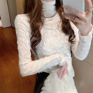 Plain Turtleneck Ruched Long-sleeve Top