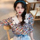 Short-sleeve Lace-collar Floral Print Shirt
