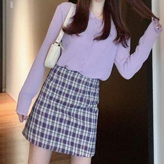 Lettuce Edge Shirt / Plaid Mini A-line Skirt