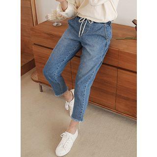 Drawstring-waist Fray-hem Jeans