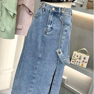 Chain Strap Denim Midi Overall Dress
