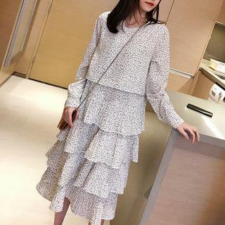 Print Long-sleeve Tiered Midi Dress