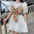 Puff-sleeve A-line Dress / Floral Print Bow-front Cropped Camisole Top