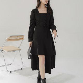 Long-sleeve Lace Up Asymmetrical Midi A-line Dress