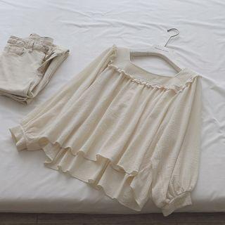 Square Neck Plain Ruffle Long-sleeve Blouse Almond - One Size