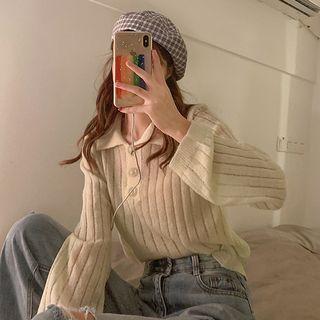 Plain Long-sleeve Knit Polo Shirt