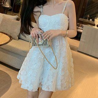 Faux Pearl Spaghetti Strap Lace Mini A-line Dress