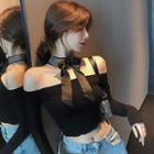 Off-shoulder Long-sleeve T-shirt With Bow Necktie