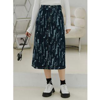 Print Denim Midi Pencil Skirt