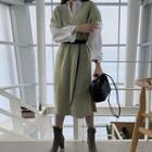 Sleeve V-neck Knit Midi Dress / Belt / Long-sleeve Shirt / Set