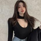 Long-sleeve Choker-neck Plain T-shirt