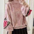 Flower Applique Faux Fur Pullover