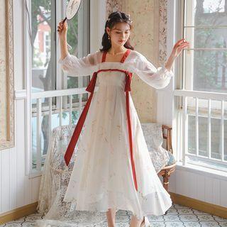 3/4-sleeve Lace-up Midi A-line Dress