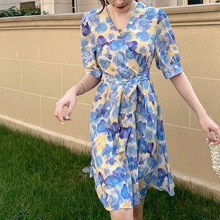 Floral Short-sleeve Tie-waist A-line Dress