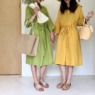 3/4-sleeve Drawstring Waist Shirtdress