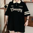 Elbow-sleeve Collar Letter Embroidered T-shirt