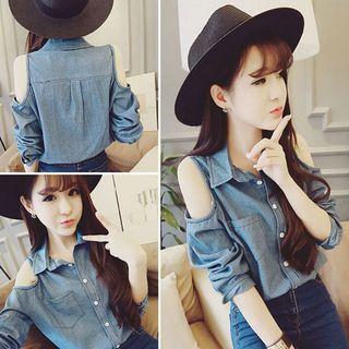 Open Shoulder Long-sleeve Denim Blouse