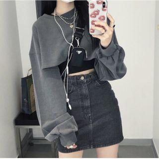 Printed Letter Loose-fit Sweatshirt / High Waist Denim Skirt