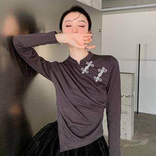 Long-sleeve Mandarin Collar Asymmetrical T-shirt
