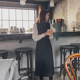 Shirt-sleeve Long Knit Dress With Sash Black - One Size