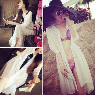 Plain Elbow Sleeve Long Chiffon Light Coat