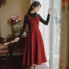 Plain Midi A-line Overall Dress / Long-sleeve T-shirt / Set