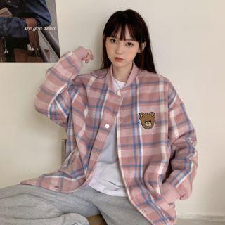 Plaid Button Baseball Jacket
