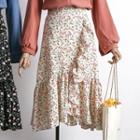 Ruffled-trim Floral Midi Skirt