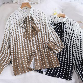 Color Block Tie-neck Long-sleeve Blouse