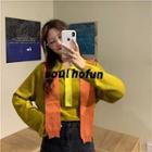 Color Block Long-sleeve Polo Knit Top / Knit Shawl