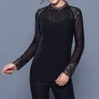 Mesh Panel Lace Long-sleeve Top