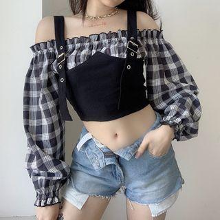 Mock Two-piece Long-sleeve Plaid Crop Top