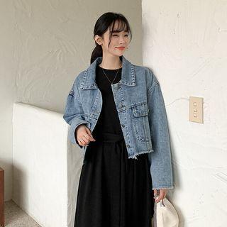 Fringe-trim Cropped Denim Jacket Blue - One Size