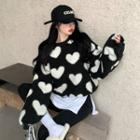 Heart Print Cropped Fluffy Sweatshirt Black - One Size