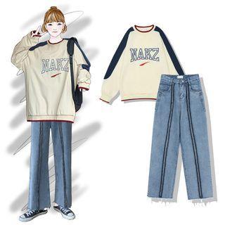 Numbering Paneled Pullover / Straight-cut Jeans