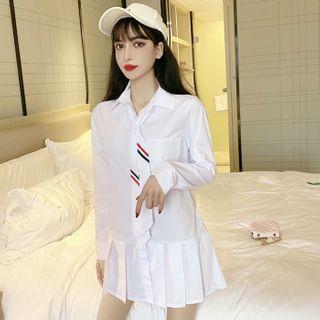 Long-sleeve Pleated A-line Mini Shirtdress