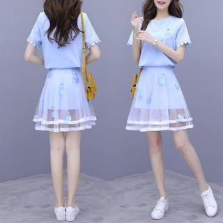 Set: Short-sleeve T-shirt + Mini A-line Mesh Skirt