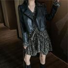 Faux Leather Biker Jacket / Long-sleeve Floral Mini Dress