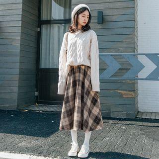 Set: Cable Knit Top + Plaid A-line Skirt