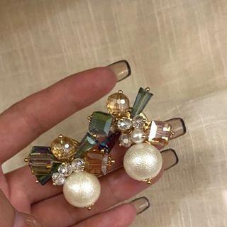 Faux Crystal Faux Pearl Dangle Earring 01# - 1 Pair - Off-white & Green & Light Brown - One Size