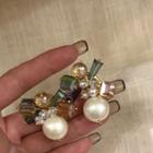 Faux Crystal Faux Pearl Dangle Earring 01# - 1 Pair - Off-white & Green & Light Brown - One Size
