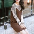 Set: Long-sleeve Striped Top + Spaghetti Strap A-line Mini Dress