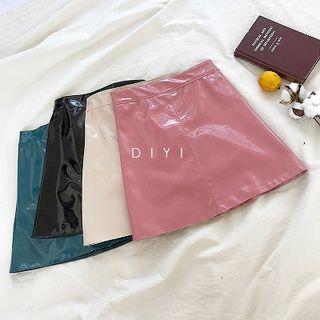Plain High-waist Faux Leather A-line Skirt