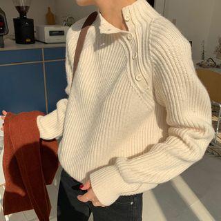 Mock-neck Button-side Wool Blend Sweater